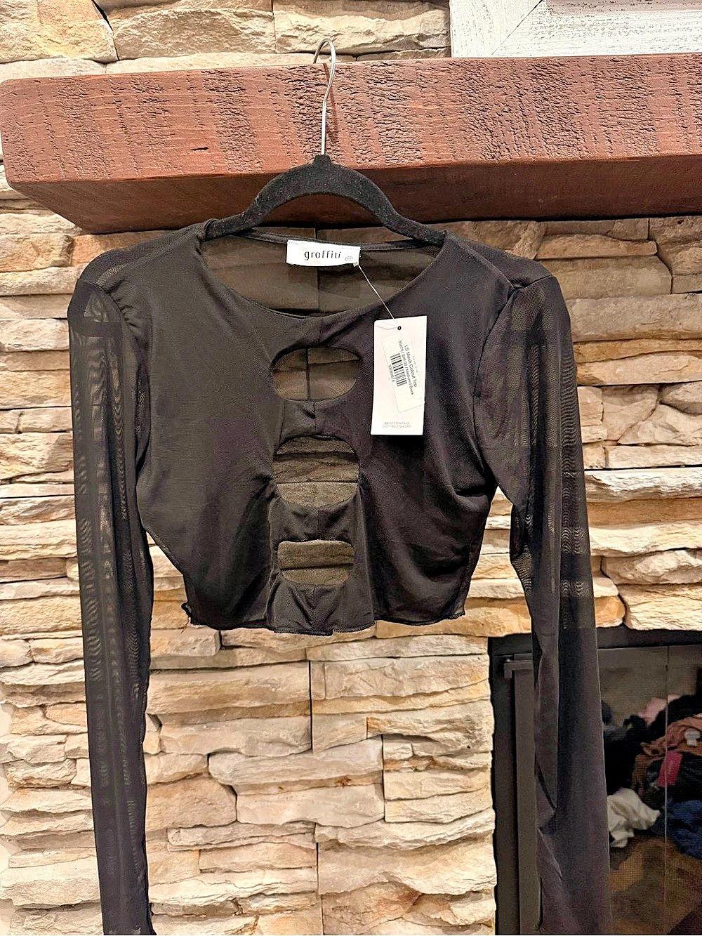 graffiti Black Sheer Sleeve Cropped Top NWT
